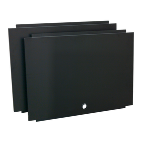 Three black rectangular panels stacked diagonally. The front panel features a small circular opening near the bottom edge, reminiscent of the sleek Sealey Back Panel Assembly for Modular Corner Wall Cabinet 930mm - APMS17.