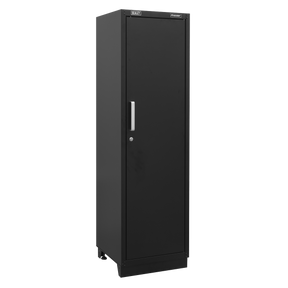 The Sealey Modular Full Height Floor Cabinet 2110mm - Heavy-Duty - APMS21 is a black tall metal storage cabinet featuring a single door with a silver handle and security lock, complete with adjustable shelves. This steel construction cabinet is ideal for secure storage in various settings, including as part of a garage storage system.