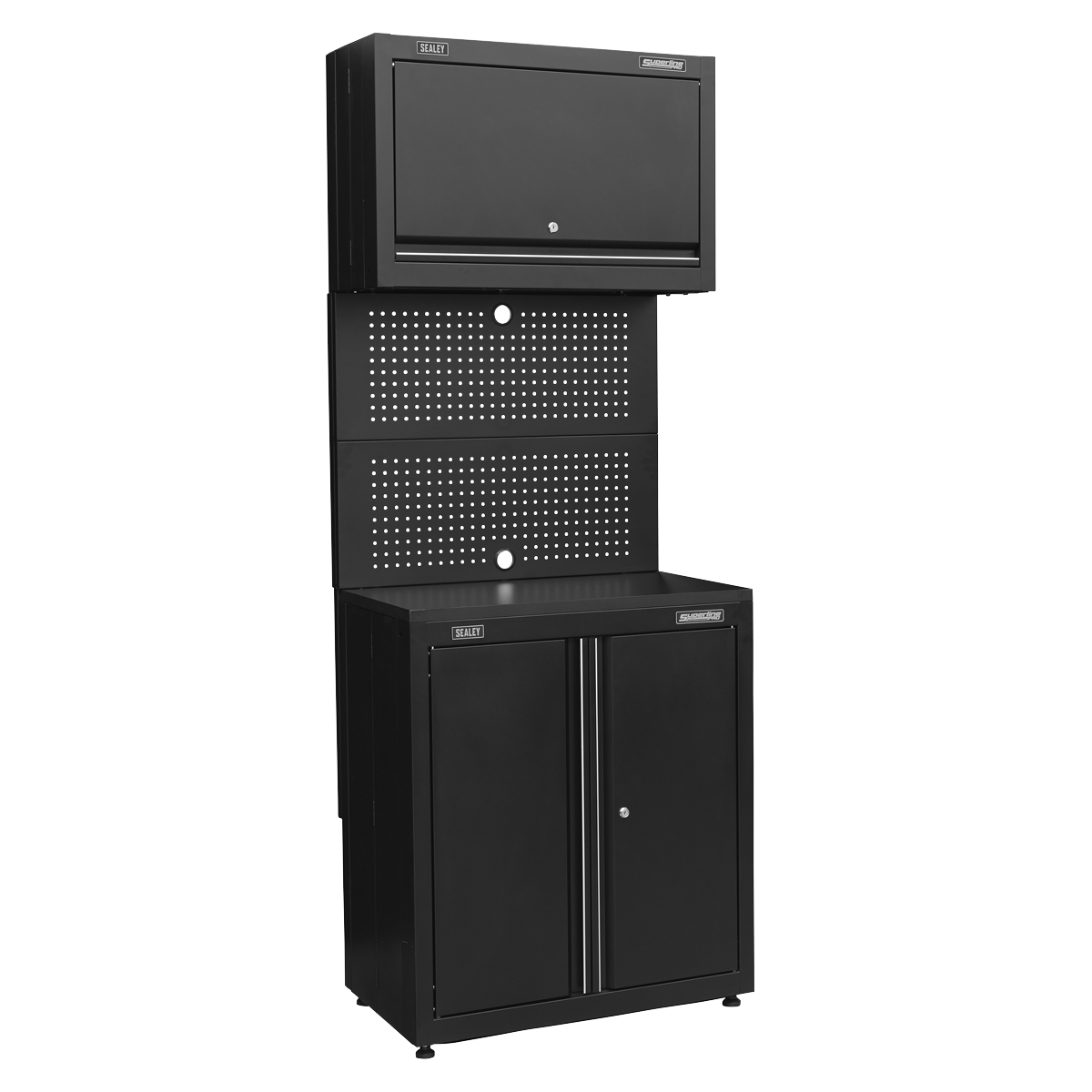 The Rapid-Fit 2 Door Cabinet & Wall Cupboard - APMS2HFP by Sealey is a tall, black storage solution complete with three secure compartments, elegant black MDF worktops, and a perforated pegboard panel in the middle.