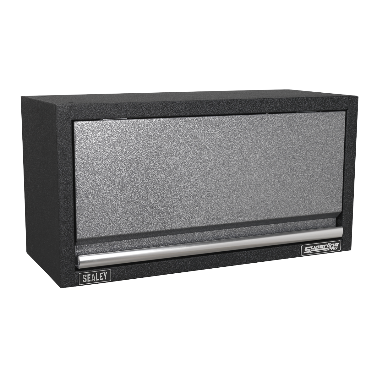 Introducing the Sealey Modular Wall Cabinet 680mm (APMS53), a black and gray unit equipped with a single pull-down door and gas struts for smooth operation.