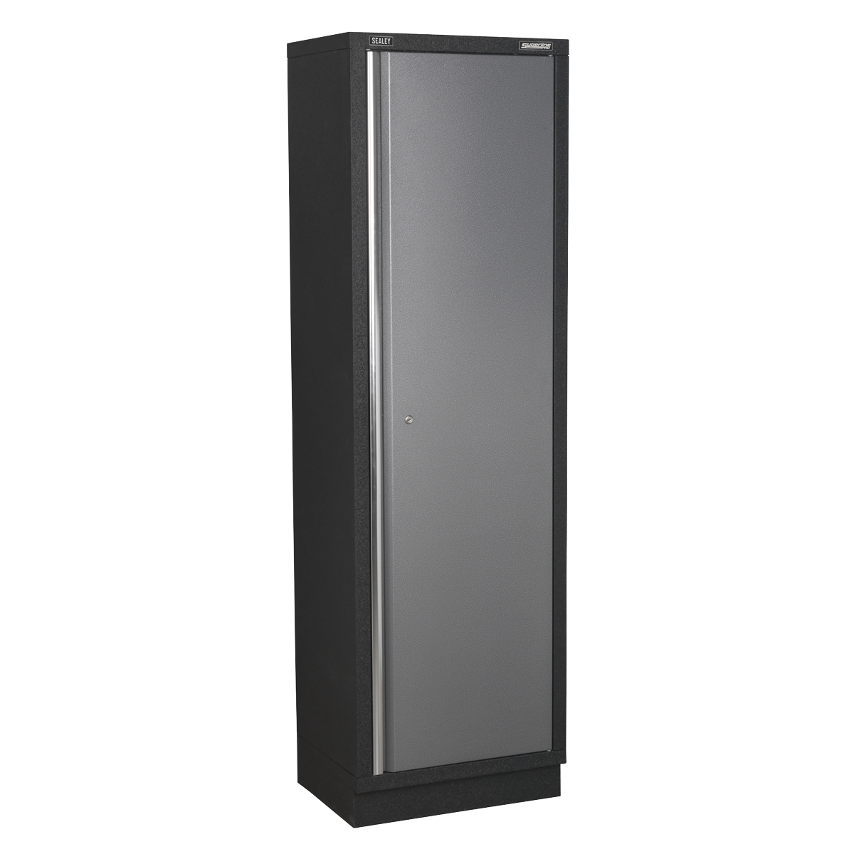 Introducing the Sealey Modular Floor Cabinet Full Height 600mm - APMS55, a tall, rectangular metal storage cabinet with a single door. It features a gray front and black sides, making it perfect as part of your garage storage system.