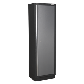 Introducing the Sealey Modular Floor Cabinet Full Height 600mm - APMS55, a tall, rectangular metal storage cabinet with a single door. It features a gray front and black sides, making it perfect as part of your garage storage system.