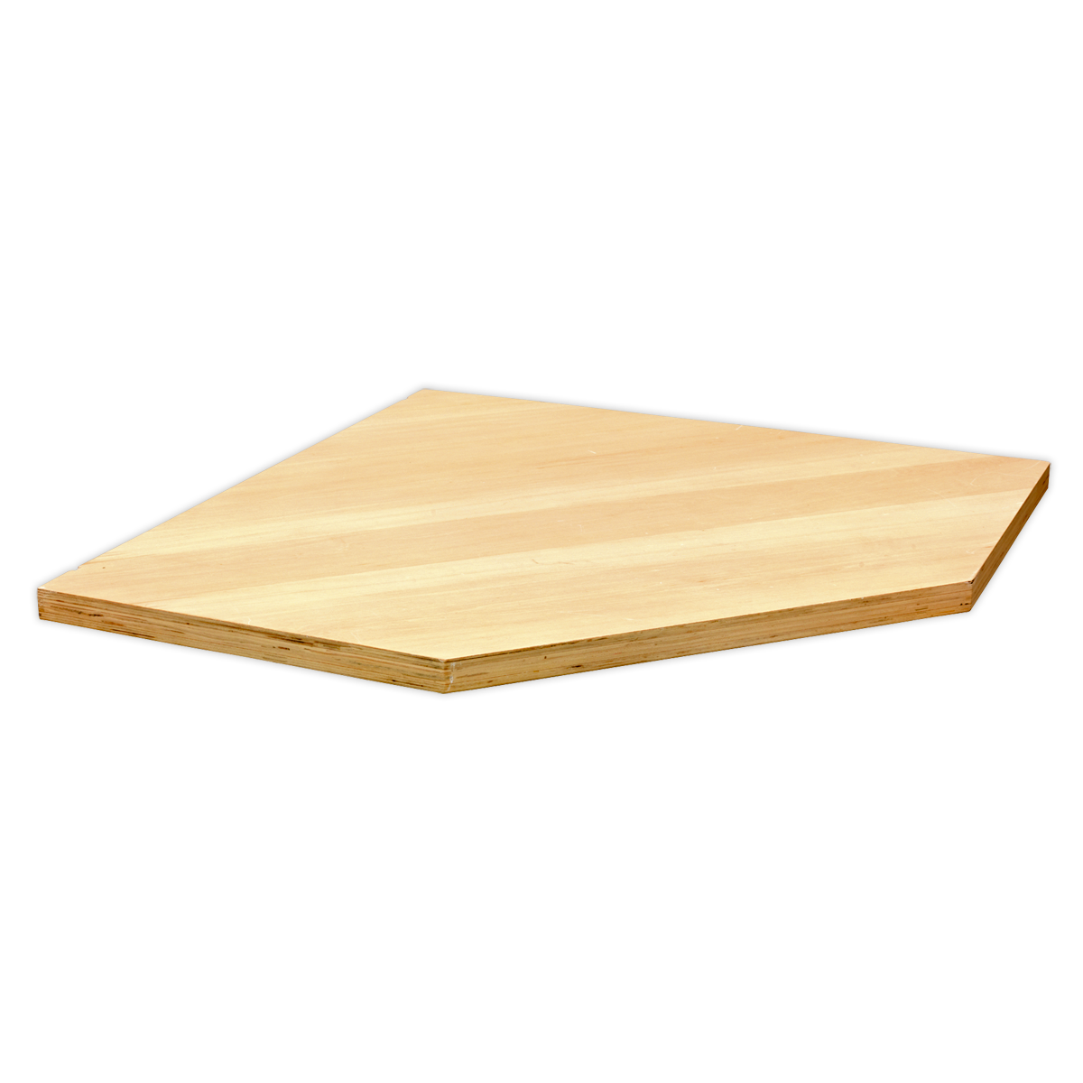 A wooden home plate for baseball, depicted at a slight angle against a white background, reminiscent of the Pressed Wood Worktop from Sealey's Modular Corner Cabinet APMS60PW.