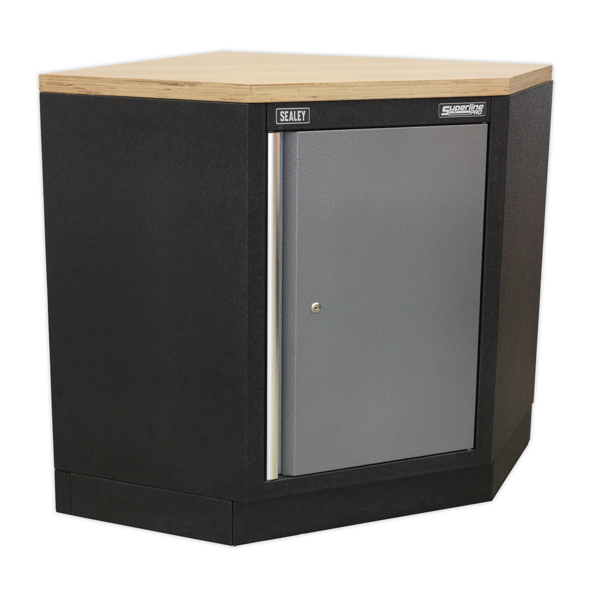 The Modular Corner Floor Cabinet 865mm - APMS60 by Sealey is a black steel cabinet with a wooden top and one gray front door, featuring an adjustable shelf, perfect for any garage storage system.