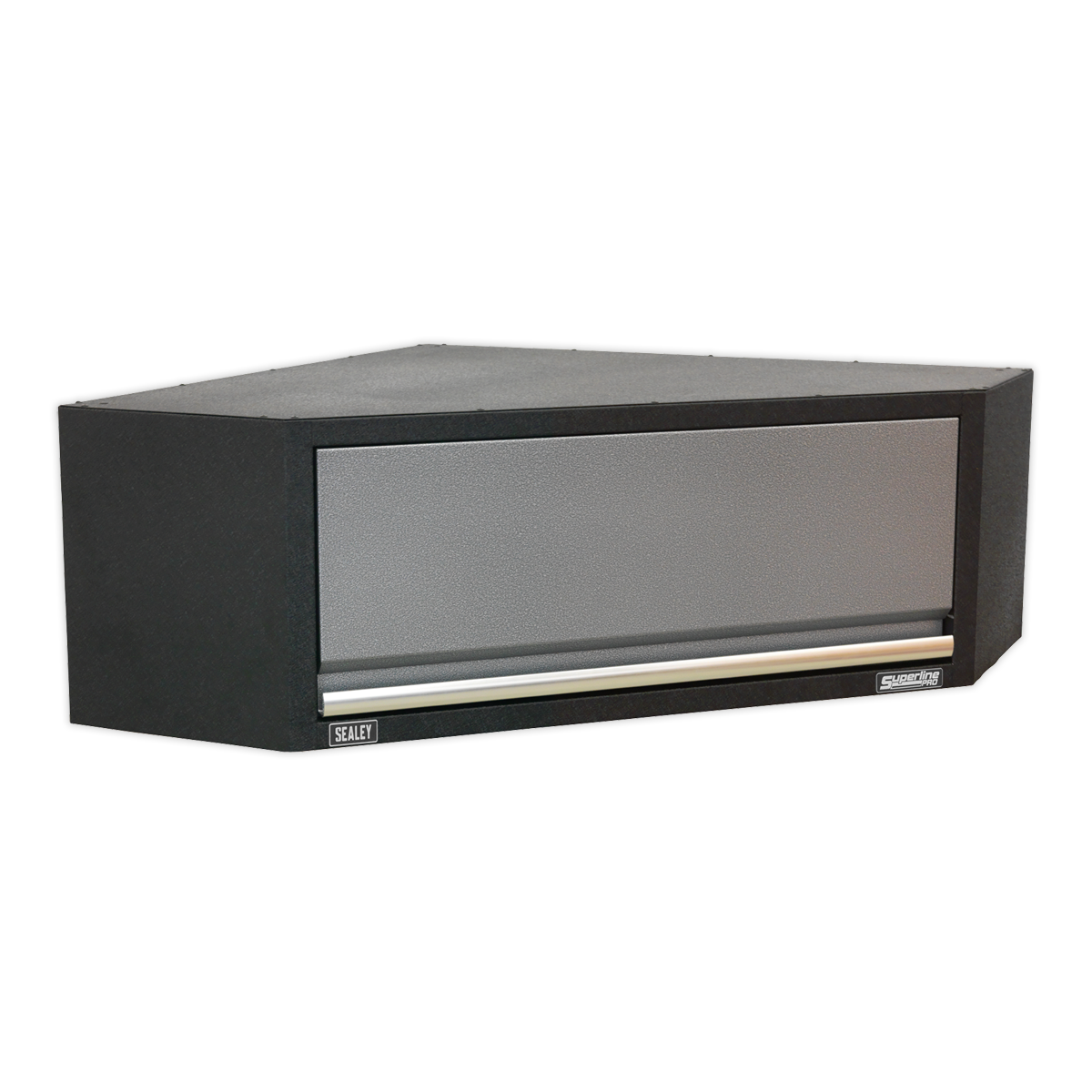 The Sealey Modular Corner Wall Cabinet 865mm - APMS61, in black and gray, comes equipped with a single front drawer and sleek aluminium handles across the lower part, suitable for under-bench or wall mounting.