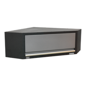 The Sealey Modular Corner Wall Cabinet 865mm - APMS61, in black and gray, comes equipped with a single front drawer and sleek aluminium handles across the lower part, suitable for under-bench or wall mounting.