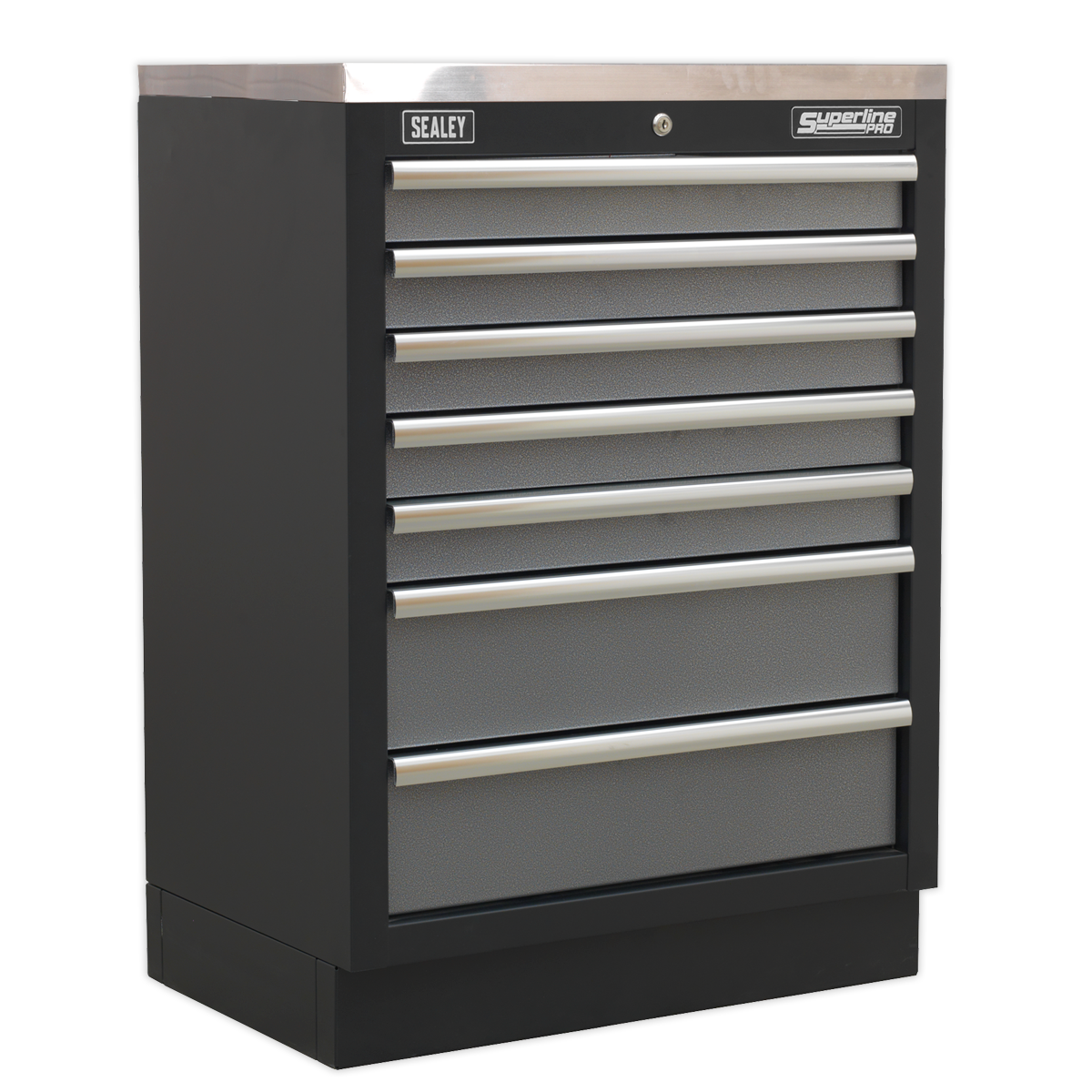 A Sealey Modular 7 Drawer Cabinet APMS62, measuring 680mm in black, features a high-quality lock and is perfect for any garage storage system.