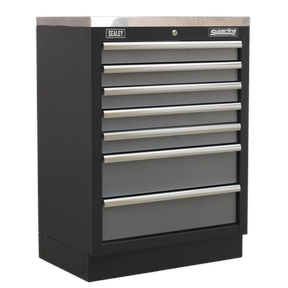 A Sealey Modular 7 Drawer Cabinet APMS62, measuring 680mm in black, features a high-quality lock and is perfect for any garage storage system.