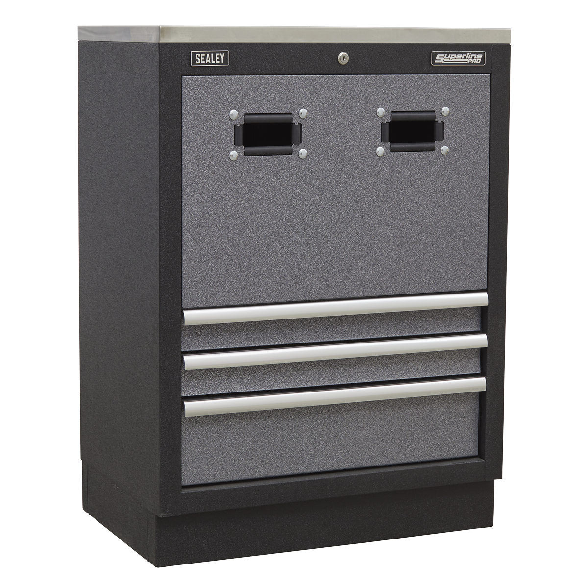 The Sealey Modular Reel Cabinet APMS63 in black and gray features three drawers and two square holes at the top for easy access, making it a perfect addition to your garage storage system.