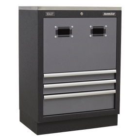 The Sealey Modular Reel Cabinet APMS63 in black and gray features three drawers and two square holes at the top for easy access, making it a perfect addition to your garage storage system.