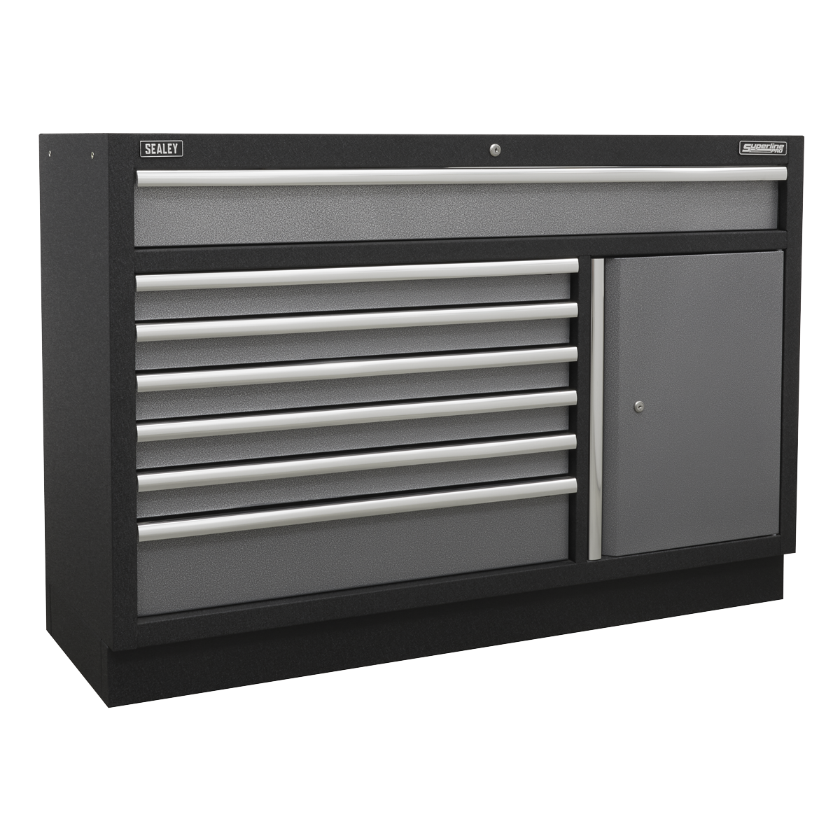 The Superline PRO® 4.9m Storage System - Pressed Wood Worktop by Sealey features a hammered metal finish and bears the brand name prominently on the top left corner. It includes a black and gray tool chest with six ball-bearing drawer slides on the left side and a single door cabinet on the right, showcasing its tough and durable construction.