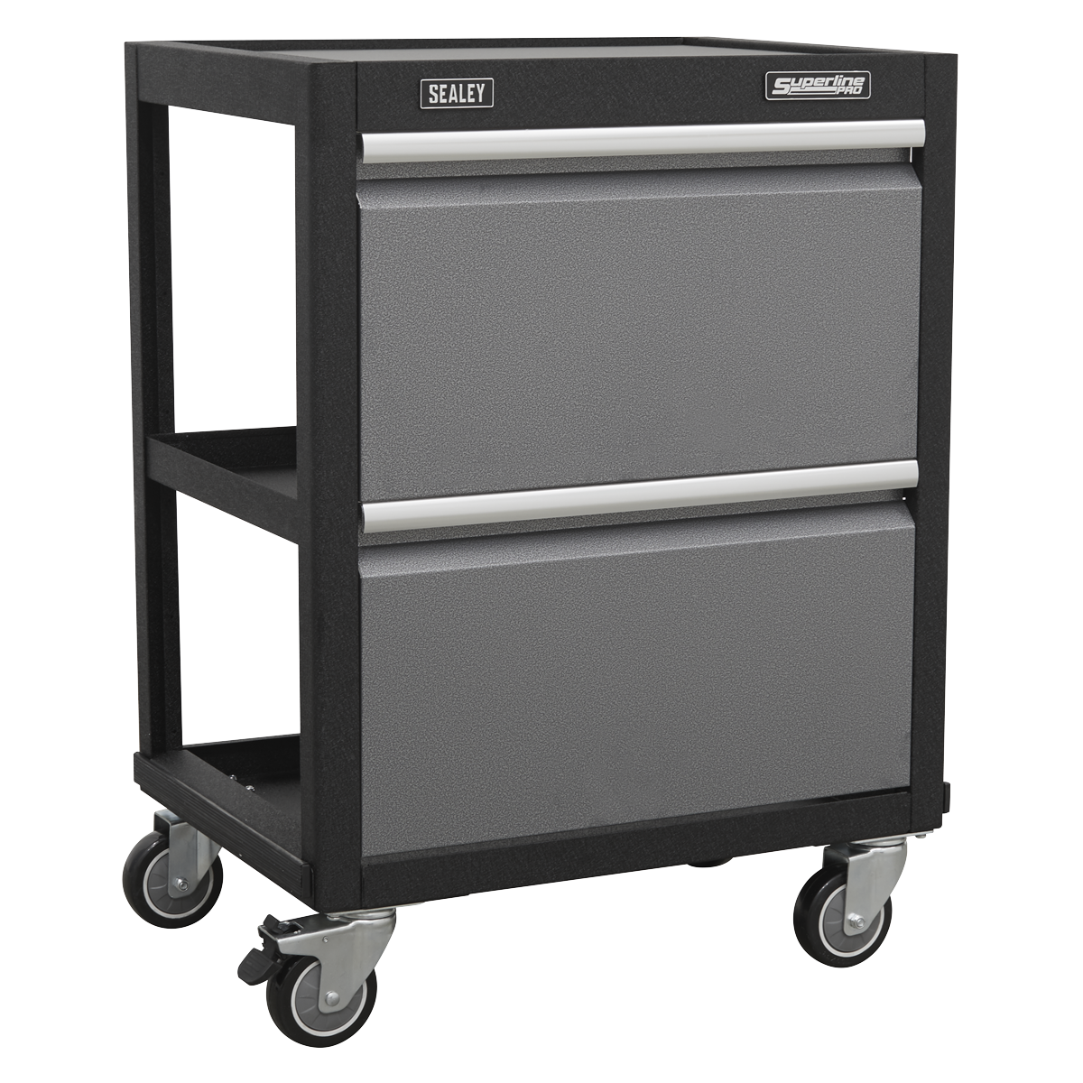 The Sealey Modular Mobile Workshop Trolley - APMS66 is a black and gray rolling tool cart featuring two drawers and four caster wheels, perfect for organizing your workshop items.