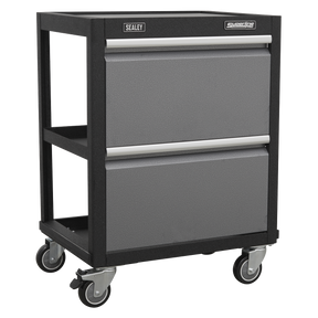 The Sealey Modular Mobile Workshop Trolley - APMS66 is a black and gray rolling tool cart featuring two drawers and four caster wheels, perfect for organizing your workshop items.