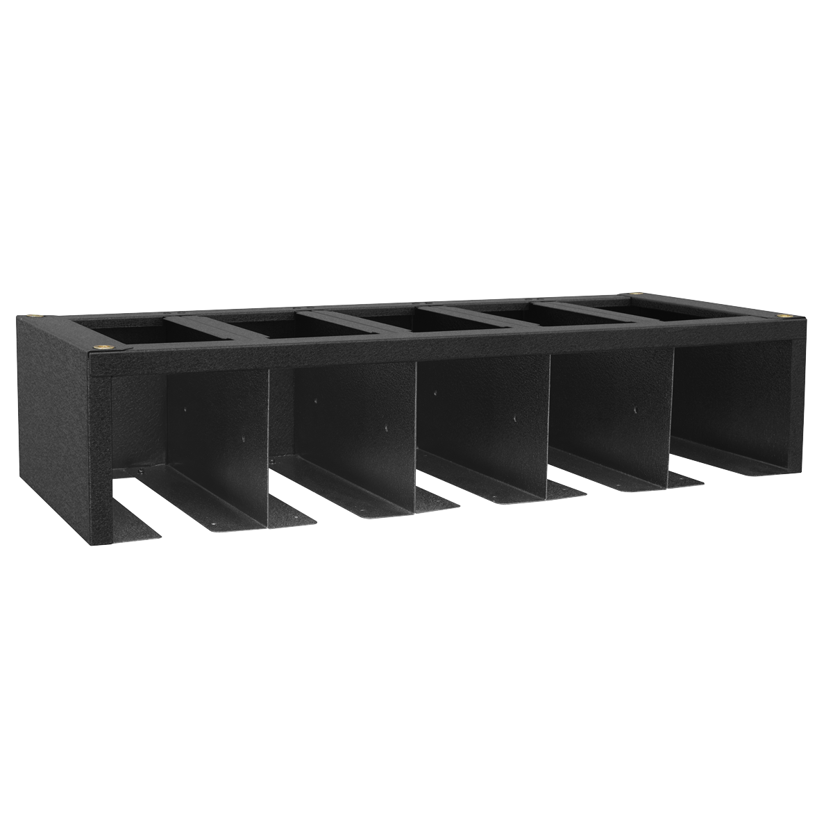 The Sealey Modular Power Tool Rack 680mm - APMS69 is a black metal storage organizer with six individual slots, perfect for easy access and orderly arrangement of power tools.