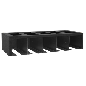 The Sealey Modular Power Tool Rack 680mm - APMS69 is a black metal storage organizer with six individual slots, perfect for easy access and orderly arrangement of power tools.