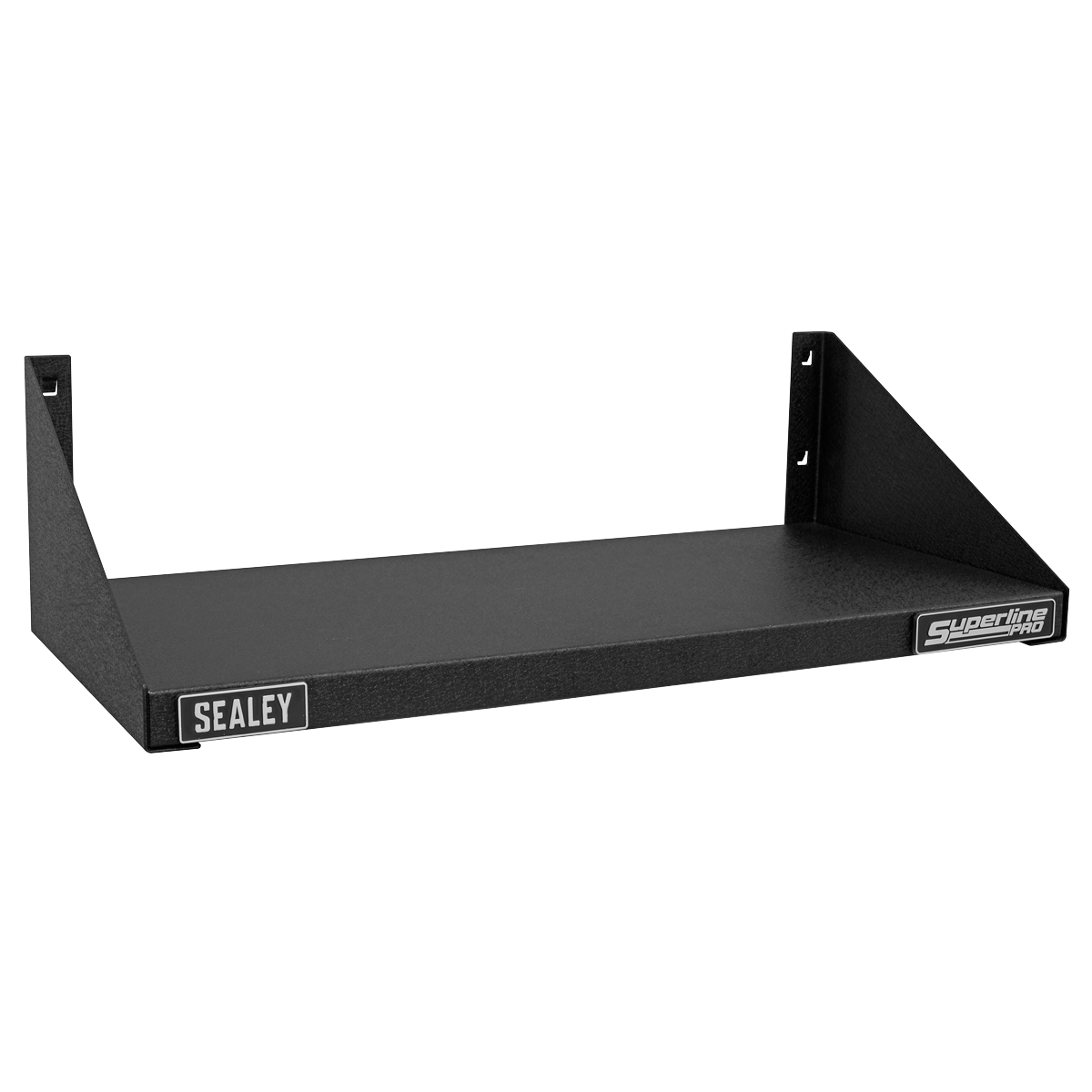 A black wall-mounted steel shelf, product name "Modular Shelf - APMS70," with a tough and durable hammered metal finish, featuring the brand name "Sealey" visible on the front. The shelf has a flat surface and two mounting brackets on the sides.