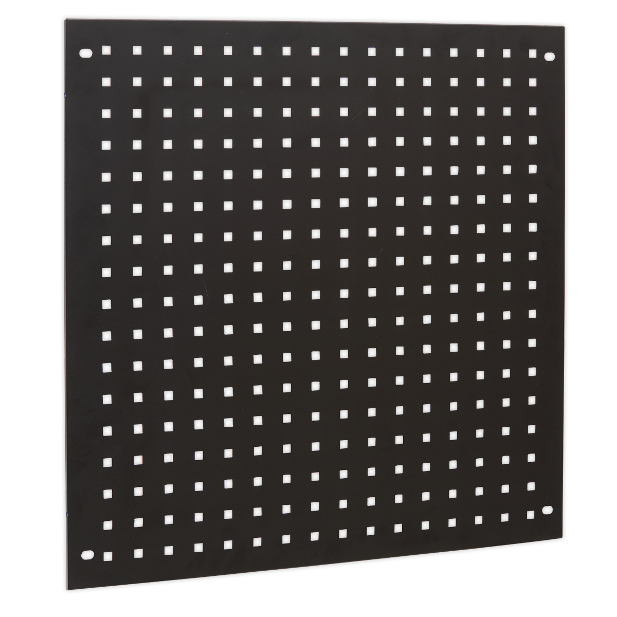 Sealey's Modular Back Panel 665mm - APMS80BP features a square, black perforated metal design with a grid of small, evenly distributed square holes, seamlessly integrating into any modular workshop tool system.