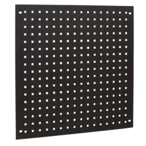 Sealey's Modular Back Panel 665mm - APMS80BP features a square, black perforated metal design with a grid of small, evenly distributed square holes, seamlessly integrating into any modular workshop tool system.