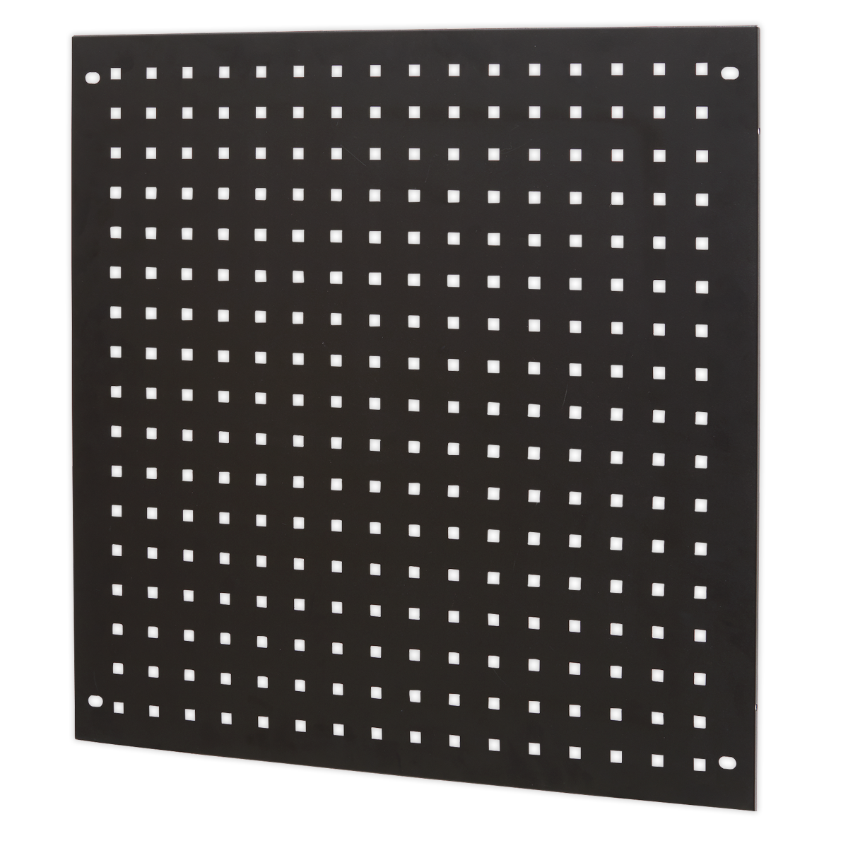 The Sealey Modular Back Panel 665mm - APMS80BP is a black perforated metal panel featuring square holes arranged in a grid pattern, perfect for use in modular systems or organizing workshop tools.