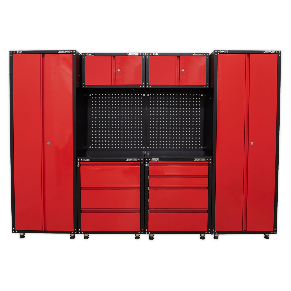 The Sealey American PRO® 2.6m Storage System - APMS80COMBO2 is a red and black modular garage storage solution featuring multiple cabinets with adjustable shelves and smooth drawer slides.