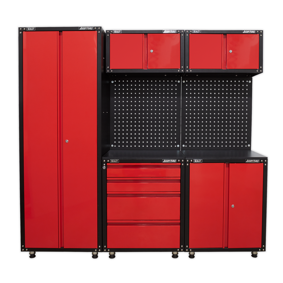 The American PRO® 2.0m Storage System - APMS80COMBO3 by Sealey is a red and black modular storage system featuring ball-bearing drawer slides and adjustable shelves, with multiple cabinets and drawers for organizing tools and equipment.