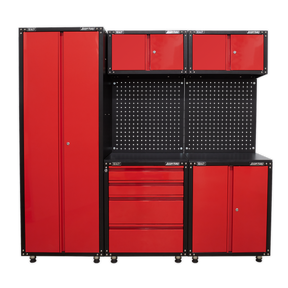 The American PRO® 2.0m Storage System - APMS80COMBO3 by Sealey is a red and black modular storage system featuring ball-bearing drawer slides and adjustable shelves, with multiple cabinets and drawers for organizing tools and equipment.