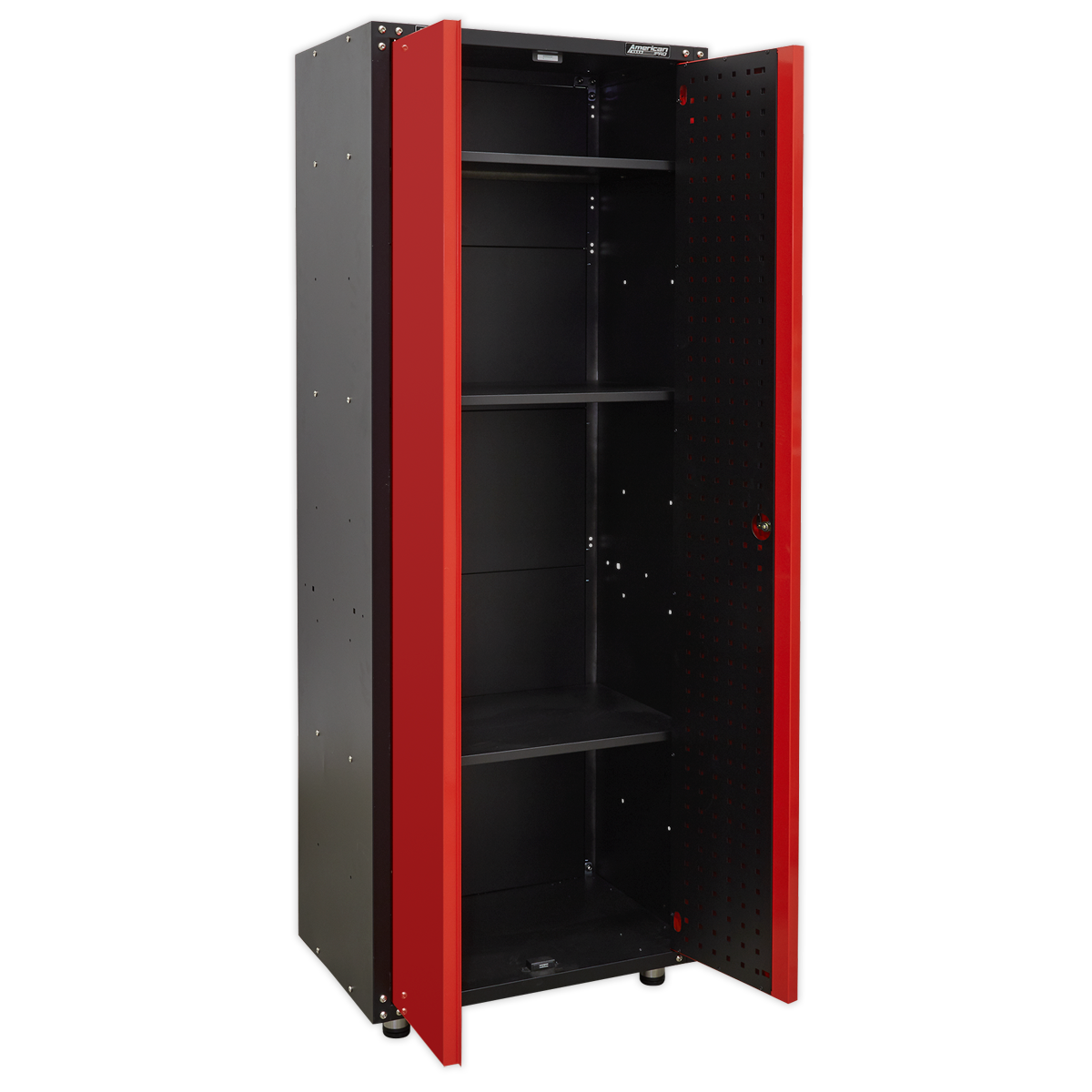 The Sealey Modular 2 Door Full Height Cabinet 665mm - APMS83 features black sides and striking red doors that open to reveal three adjustable shelves, making it an ideal addition to any garage storage system.