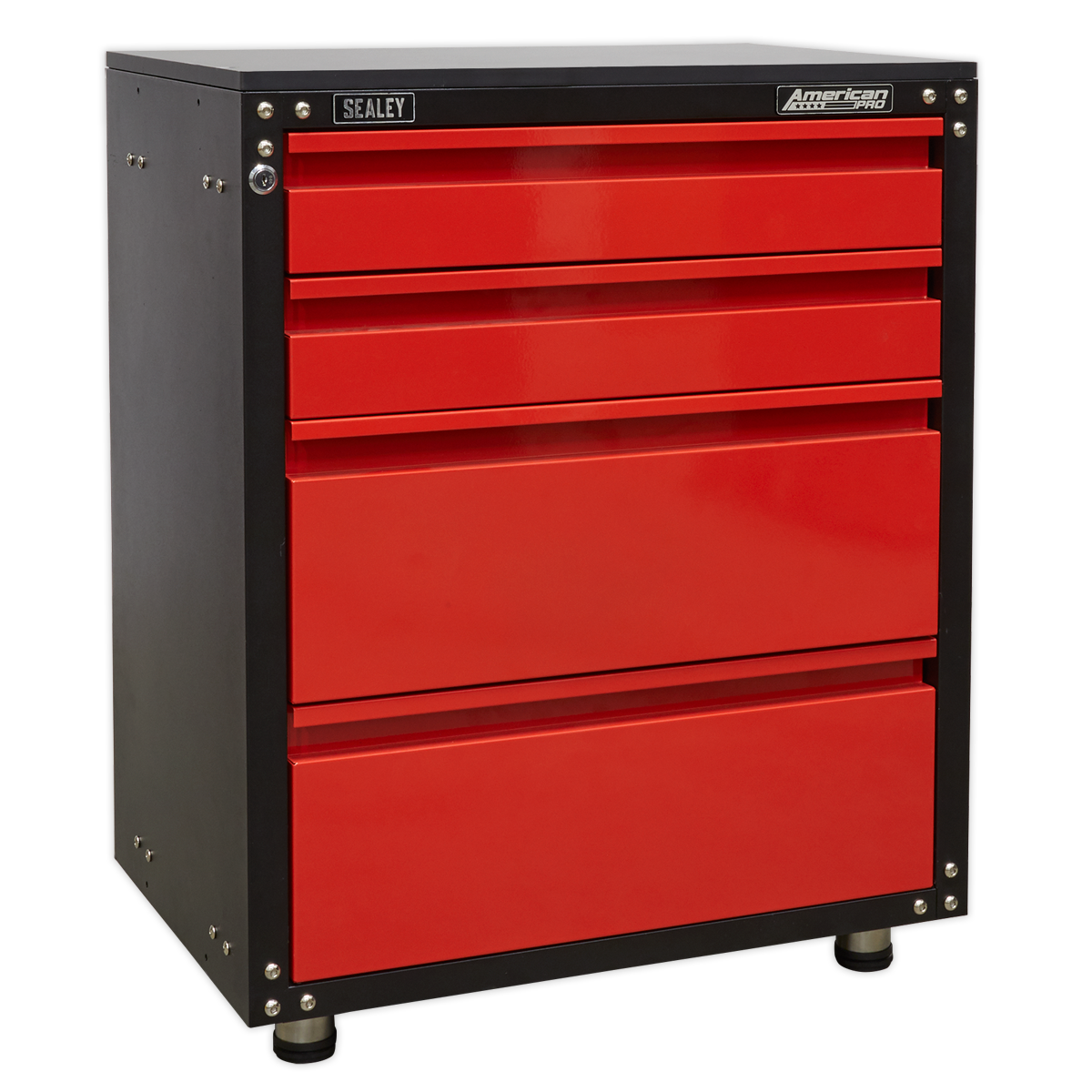 A Modular 4 Drawer Cabinet with Worktop 665mm - APMS84 by Sealey, featuring a stylish combination of red and black with metallic accents and ball-bearing slides for smooth operation. The "Sealey" brand name is prominently displayed on the top edge and front panel, making it an ideal addition to any garage storage system.