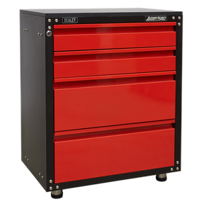 A Modular 4 Drawer Cabinet with Worktop 665mm - APMS84 by Sealey, featuring a stylish combination of red and black with metallic accents and ball-bearing slides for smooth operation. The "Sealey" brand name is prominently displayed on the top edge and front panel, making it an ideal addition to any garage storage system.