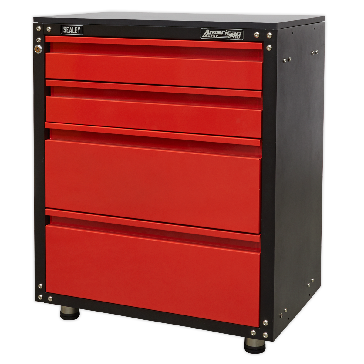 The Modular 4 Drawer Cabinet with Worktop 665mm - APMS84 by Sealey is a red and black tool chest featuring ball-bearing slides for smooth operation. Ideal for garage storage, this cabinet ensures efficient organization for your tools.