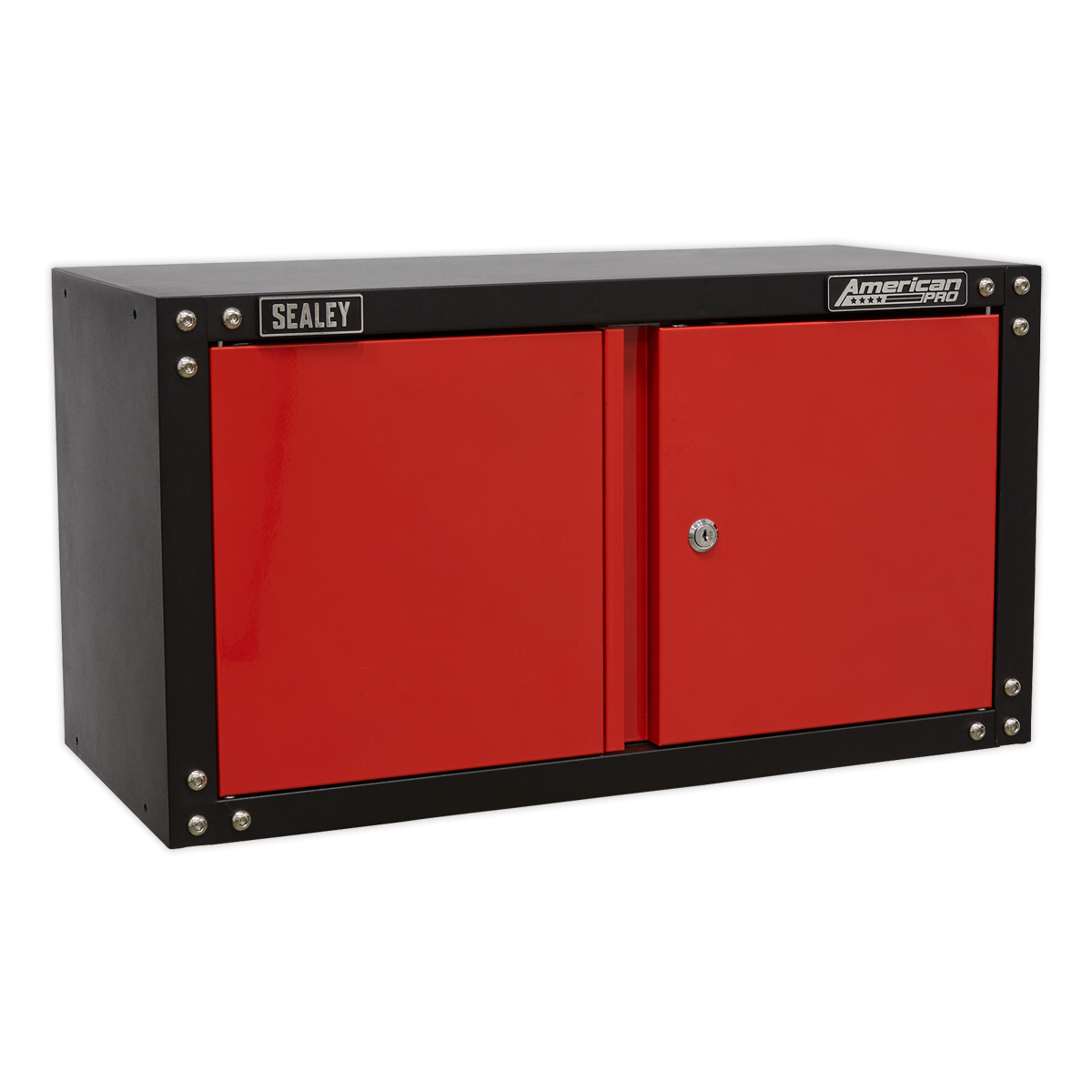 A Sealey Modular 2 Door Wall Cabinet 665mm - APMS85 in red and black, featuring a metal construction with two doors, a central lock, and self-assembly capabilities, is ideal for tool storage.