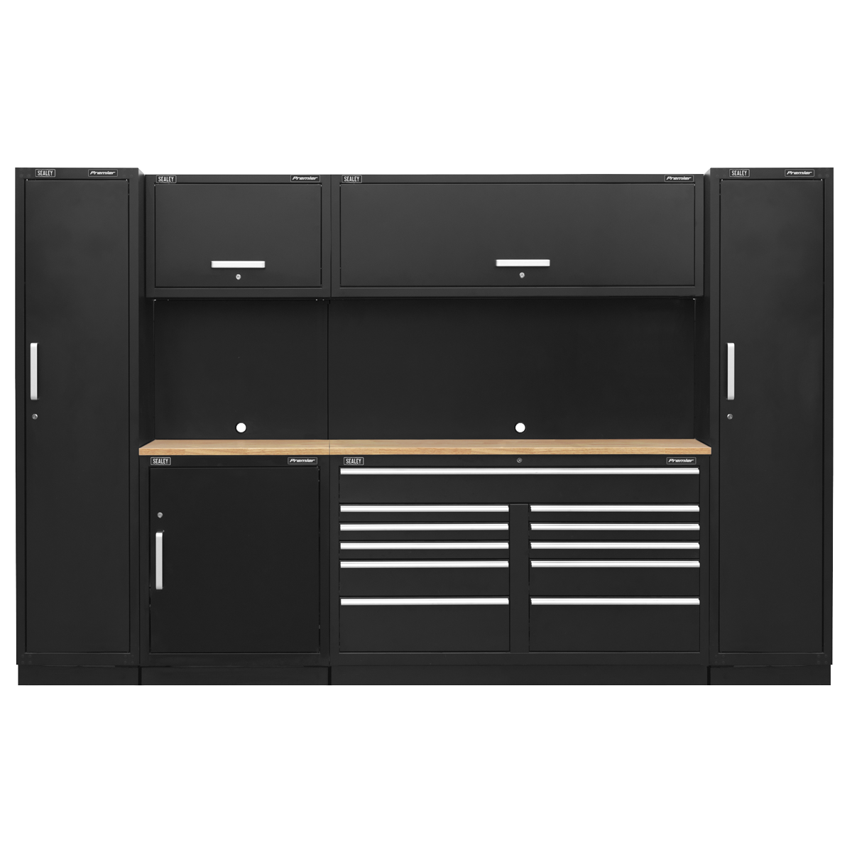 The Sealey Premier 3.3m Storage System - Pressed Wood Worktop - APMSCOMBO7W is a black garage storage solution constructed entirely of steel. It features multiple heavy-duty modular cabinets, drawers with precision ball-bearing slides, and a central wooden work surface. The unit is made of metal and finished with sleek silver handles.