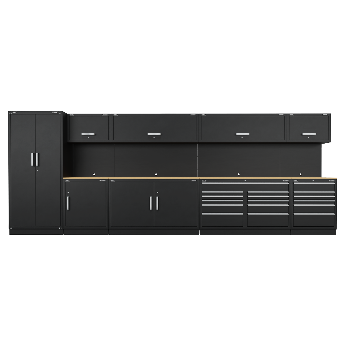 A row of black Heavy-Duty Modular Cabinets from Sealey, known as the Premier 5.6m Storage System - Oak Worktop - APMSOAK, includes two tall cabinets, three wall cabinets, and multiple drawers, all featuring sleek silver handles. These durable units come with a robust oak worktop and a 10-year guarantee.