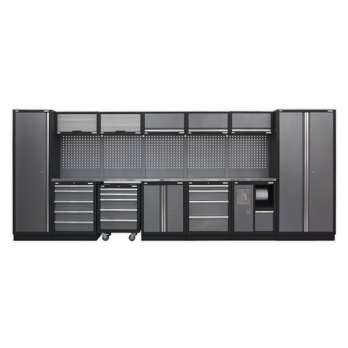 The Sealey Superline PRO® 4.9m Storage System (APMSSTACK01SS) features a versatile, wall-mounted black and grey design with multiple cabinets, drawers, a central pegboard, and a durable stainless steel worktop.