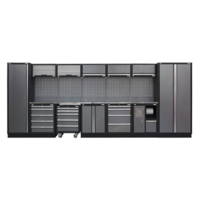 The Sealey Superline PRO® 4.9m Storage System (APMSSTACK01SS) features a versatile, wall-mounted black and grey design with multiple cabinets, drawers, a central pegboard, and a durable stainless steel worktop.