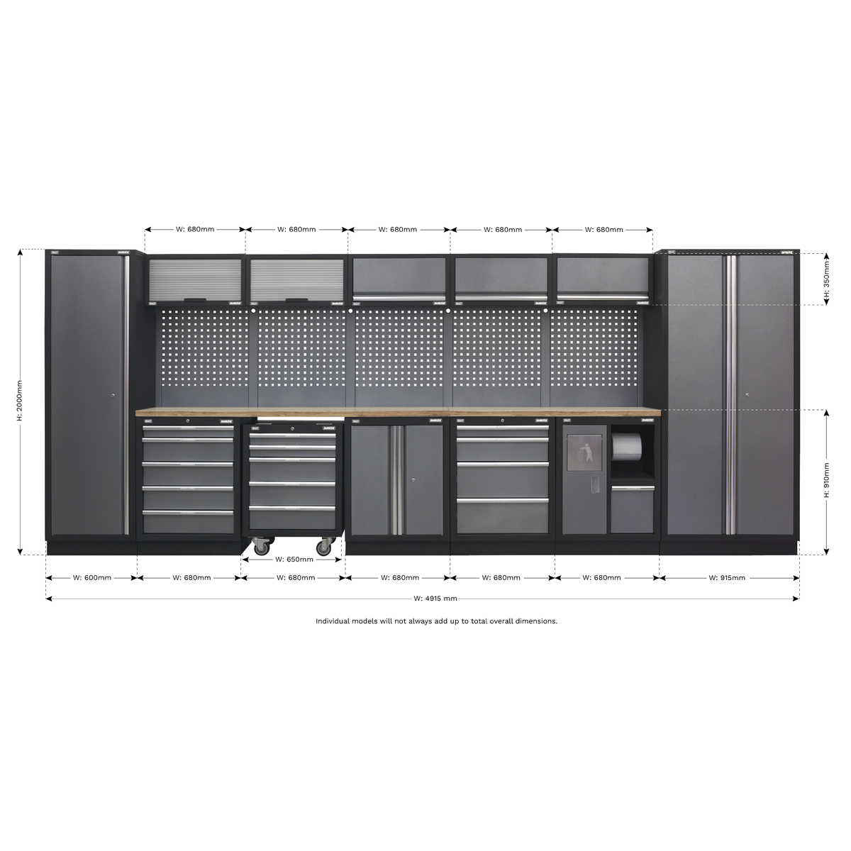 The Sealey Superline PRO® 4.9m Storage System - Wood Worktop (APMSSTACK01W) is a large black garage storage solution featuring durable construction with multiple modular cabinets, drawers, shelves, and a pressed wood worktop bench. Each section is labeled with measurements, detailing the overall dimensions.