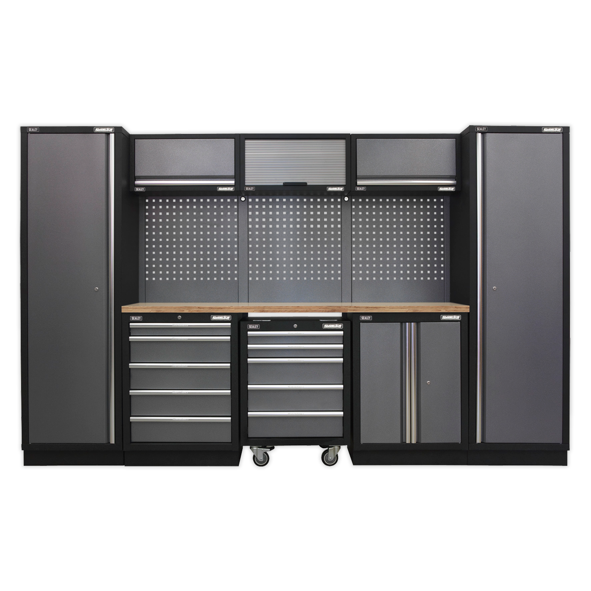 The Sealey Superline PRO® 3.2m Storage System - Wood Worktop (APMSSTACK03W) is a black and gray garage storage unit, featuring multiple drawers, cabinets, and a pegboard organized in a sleek modular design. Its tough durable construction is complemented by aluminum handles for easy access.