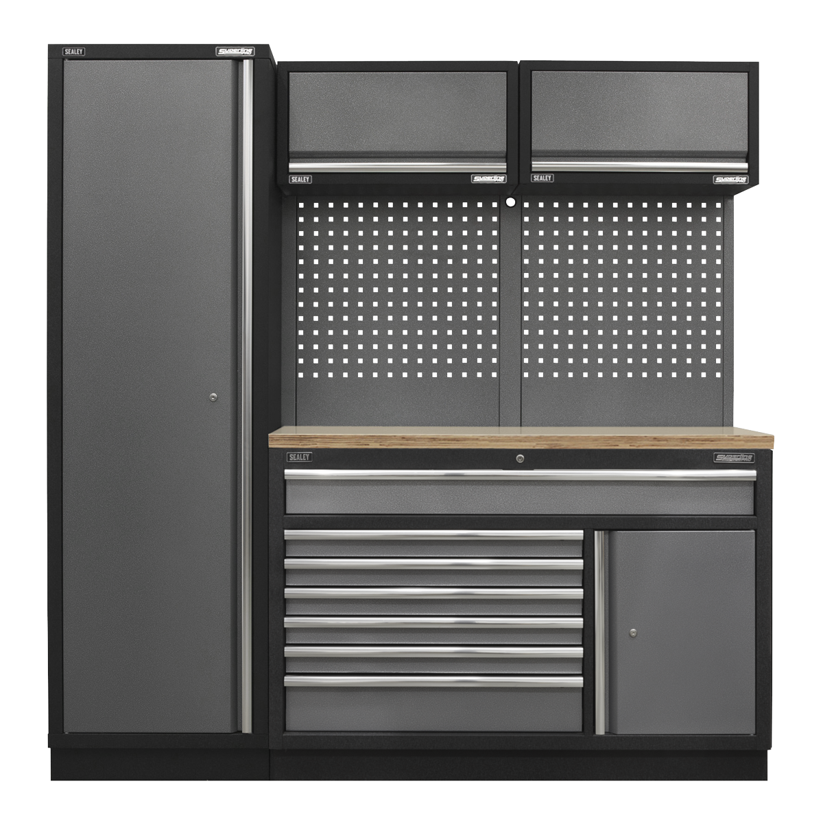 The Superline PRO® 1.96m Storage System - APMSSTACK09W by Sealey is a sleek black and gray modular tool storage solution that includes a vertical cabinet, a workbench with drawers and a pressed wood worktop, a pegboard, and two overhead cabinets, all highlighted by an elegant hammered metal finish.