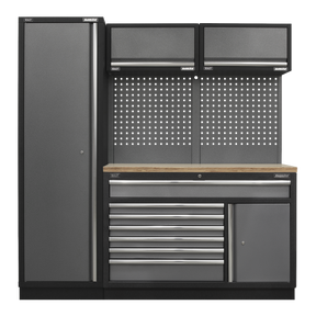 The Superline PRO® 1.96m Storage System - APMSSTACK09W by Sealey is a sleek black and gray modular tool storage solution that includes a vertical cabinet, a workbench with drawers and a pressed wood worktop, a pegboard, and two overhead cabinets, all highlighted by an elegant hammered metal finish.