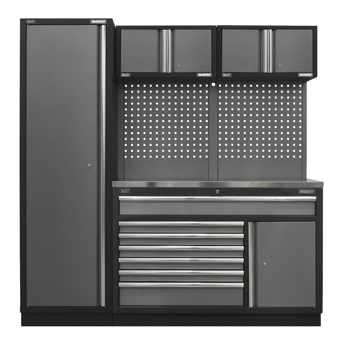 The Sealey Superline PRO® 1.96m Storage System - APMSSTACK10SS includes a tall cabinet, overhead cabinets, pegboard backsplash, multiple ball-bearing drawer slides, and a lower cabinet on the right side topped with a stainless steel worktop.