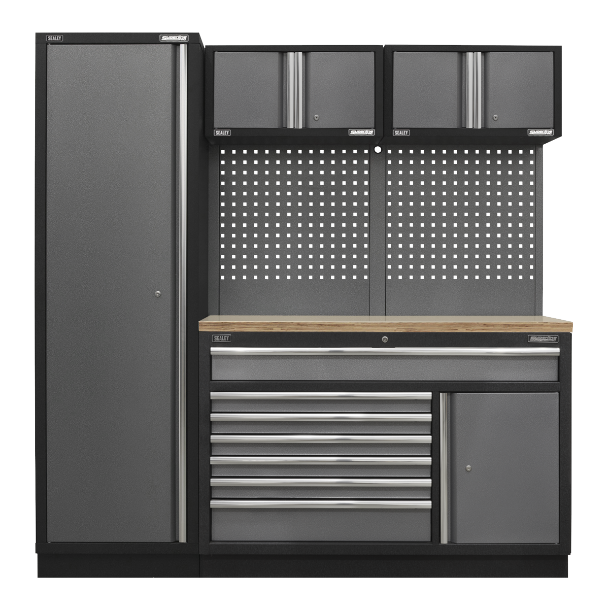 The Superline PRO® 1.96m Storage System - Pressed Wood Worktop - APMSSTACK10W by Sealey is a metal tool storage unit that includes a tall cabinet on the left, upper cabinets, a pegboard, multiple drawers, and a pressed wood worktop counter space. This heavy-duty construction comes in a dark grey finish, making it perfect for any workspace or garage.