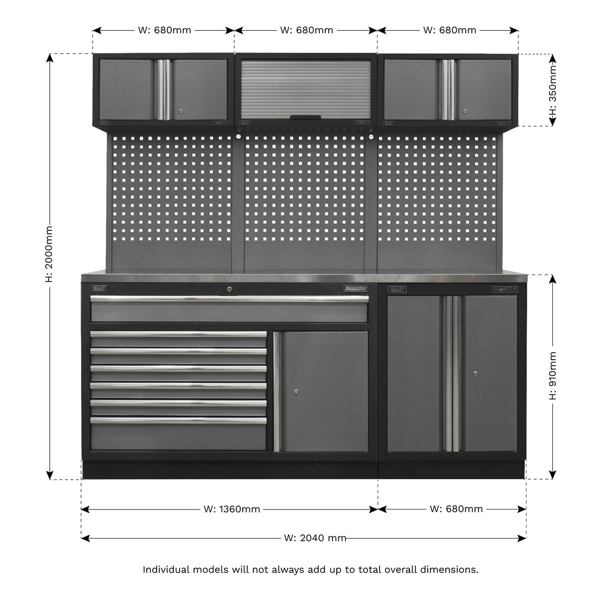 Image of the Sealey Superline PRO® Storage System - Stainless Steel Worktop - APMSSTACK11SS, featuring modular cabinets and drawers with ball-bearing drawer slides. Dimensions shown: total width 2040mm, height 2000mm. Individual cabinet widths: 680mm each; height: top 350mm, bottom 910mm.