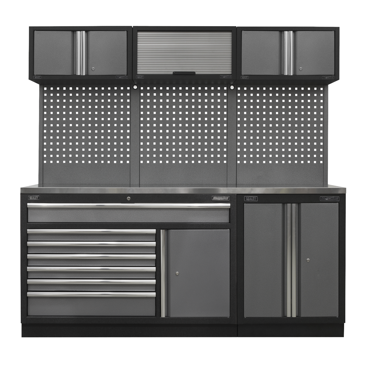 The Sealey Superline PRO® Storage System - Stainless Steel Worktop (Model: APMSSTACK11SS) is a gray metal workbench equipped with multiple storage compartments, including drawers with ball-bearing slides, cabinets, and a perforated back panel for optimal tool organization. The stainless steel worktop provides durability and easy cleaning.