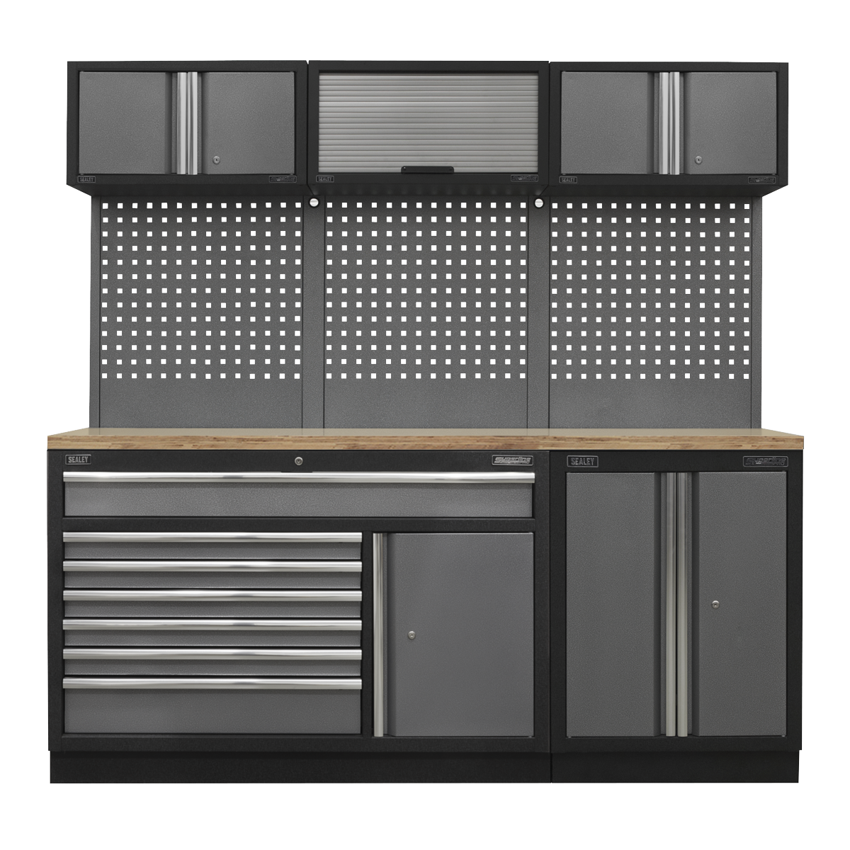 Introducing the Sealey Superline PRO® Storage System (APMSSTACK11W) - a versatile workbench featuring multiple drawers, cabinets, and a tool pegboard. This system includes ball-bearing drawer slides and upper storage with both hinged and roll-up doors. It boasts a pressed wood worktop countertop in an elegant black and gray color scheme.