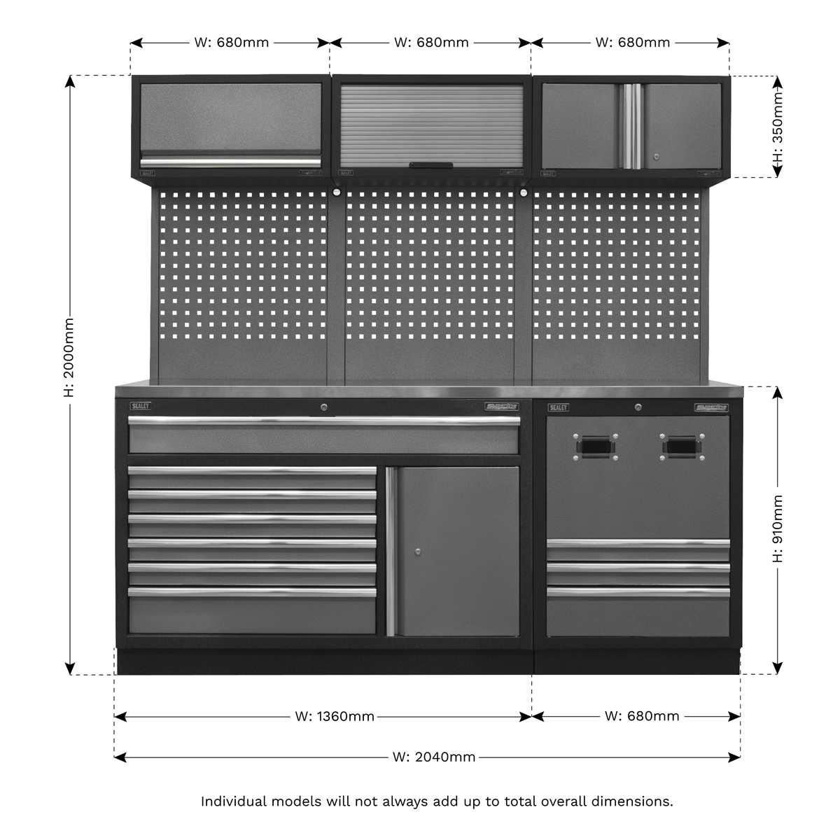 The Sealey Modular Storage System Combo (APMSSTACK14SS) features a black design with overhead cabinets, a pegboard back, multiple drawers of varying widths, and a stainless steel worktop. Standing at 2000mm in height and offering a total width of 2040mm, this durable construction ensures long-lasting performance.