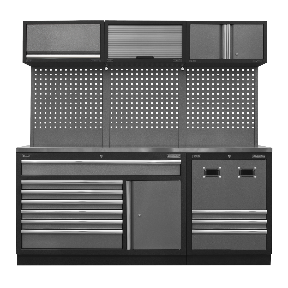 The Sealey Modular Storage System Combo - APMSSTACK14SS features a black and gray multi-sectioned design with upper cabinets, a pegboard back, lower drawers, a door cabinet, and durable construction.