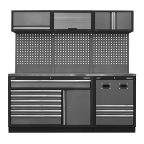 The Sealey Modular Storage System Combo - APMSSTACK14SS features a black and gray multi-sectioned design with upper cabinets, a pegboard back, lower drawers, a door cabinet, and durable construction.