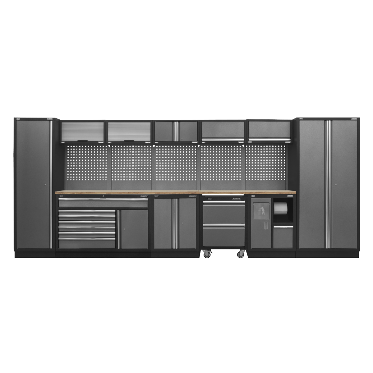 The Superline PRO® 4.9m Storage System by Sealey, model APMSSTACK15W, is a large, modern tool storage solution in dark gray with hammered metal finish accents, featuring multiple cabinets, ball-bearing drawer slide drawers, shelves, and a pegboard.