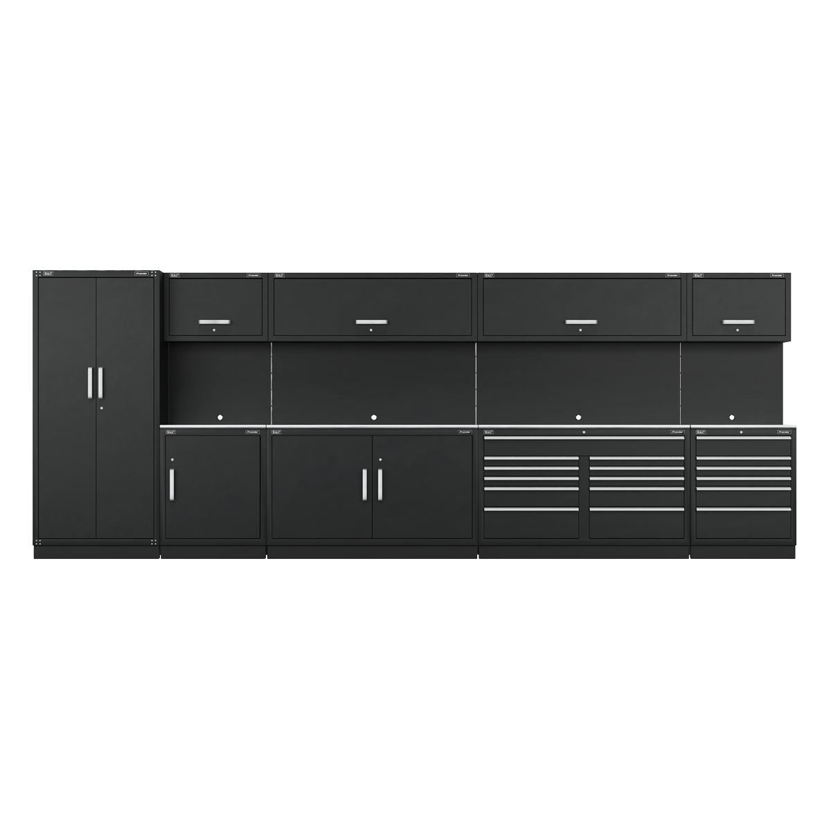 The Sealey Premier 5.6m Storage System - Stainless Worktop (APMSSTEEL) features a black heavy-duty modular design with various compartments, drawers, and cabinets equipped with silver handles. It boasts a sleek, modern look and a durable stainless steel worktop. Additionally, it comes with a 10-year guarantee for added peace of mind.