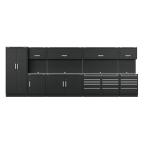 The Sealey Premier 5.6m Storage System - Stainless Worktop (APMSSTEEL) features a black heavy-duty modular design with various compartments, drawers, and cabinets equipped with silver handles. It boasts a sleek, modern look and a durable stainless steel worktop. Additionally, it comes with a 10-year guarantee for added peace of mind.